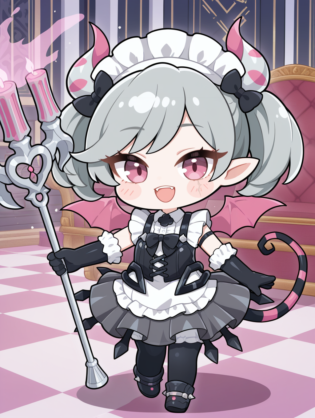 blush stickers,chibi,1girl,arianne the labrynth servant,solo,tail raised,trident,holding trident,open mouth,smile,looking at viewer,demon girl,white maid headdress,black hair bow,black bowtie,black cross-laced corset,white frilled dress,black elbow gloves,asymmetrical legwear,black heel boots,checkered floor,scar across eye,
masterpiece,best quality,amazing quality,very aesthetic,absurdres,newest,<lora:Arianne and  Arianna the Labrynth Servant illusXL v1.1:0.75>,