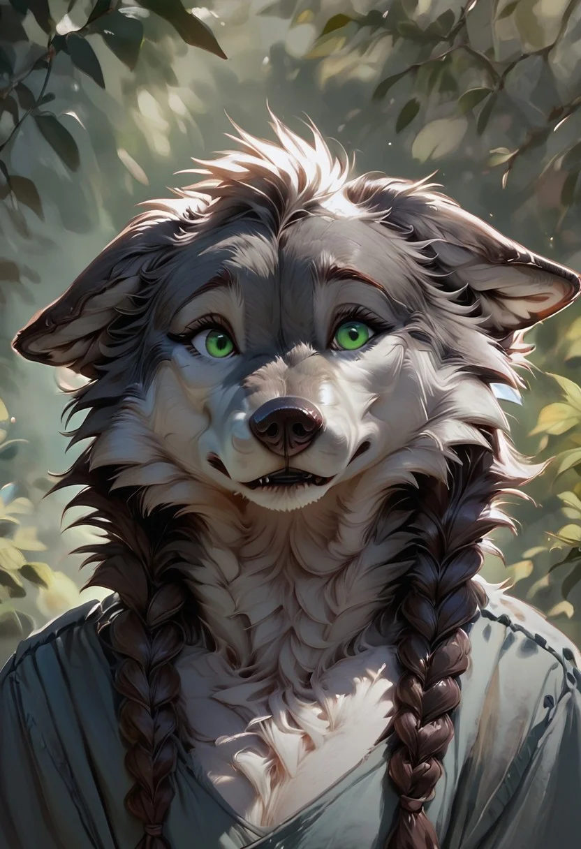 score_9, score_8_up, score_7_up, gray anthro female wolf, folded ears, frontview, green eyes, gray fur, gray twin braids, forrest