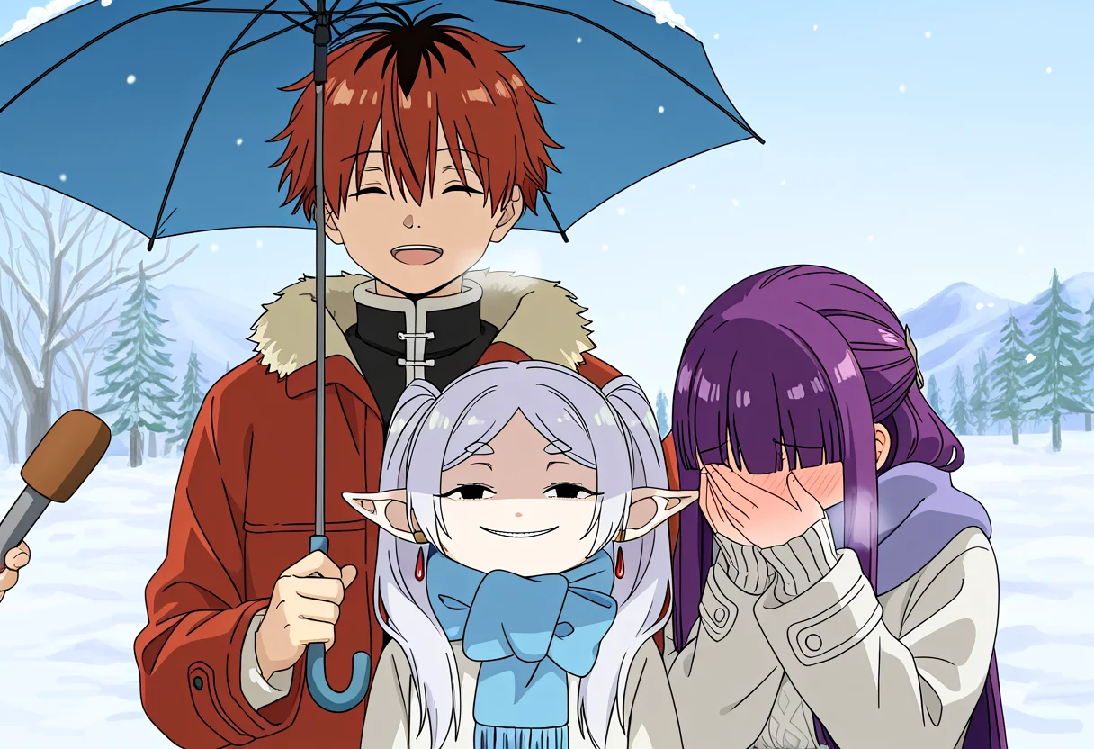 (masterpiece, best quality, amazing quality), absurdres, very awa, special_feeling, 1boy, 2girls, winter clothes, microphone, snow, no humans background,
BREAK
stark \(sousou no frieren\), smile, open mouth, closed eyes, umbrella, holding umbrella, shared umbrella, jacket,
BREAK
frieren, chibi, anya's heh face \(meme\), partially shaded face, looking at viewer, scarf,
BREAK
fern \(sousou no frieren\), closed eyes, blush, covering face, sweater, scarf, embarrassed,
<lora:Special_Feeling_Meme_-_Interview_with_your_love:0.6>