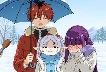 (masterpiece, best quality, amazing quality), absurdres, very awa, special_feeling, 1boy, 2girls, winter clothes, microphone, snow, no humans background,
BREAK
stark \(sousou no frieren\), smile, open mouth, closed eyes, umbrella, holding umbrella, shared umbrella, jacket,
BREAK
frieren, chibi, anya's heh face \(meme\), partially shaded face, looking at viewer, scarf,
BREAK
fern \(sousou no frieren\), closed eyes, blush, covering face, sweater, scarf, embarrassed,
<lora:Special_Feeling_Meme_-_Interview_with_your_love:0.6>