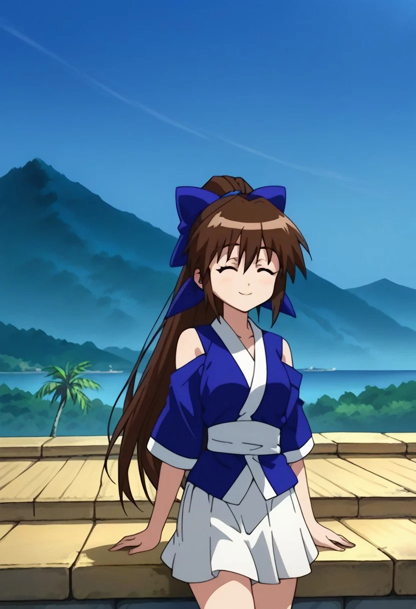 score_9, score_8_up, score_7_up, source_anime, highly detailed,
suzuaira, 1girl, solo, brown hair, long hair, ponytail, closed eyes, bow, hair bow, blue bow, japanese clothes, shirt, blue shirt, short sleeves, bare shoulders skirt, white skirt,
outdoor, island, palms, sky, upper body, smile,