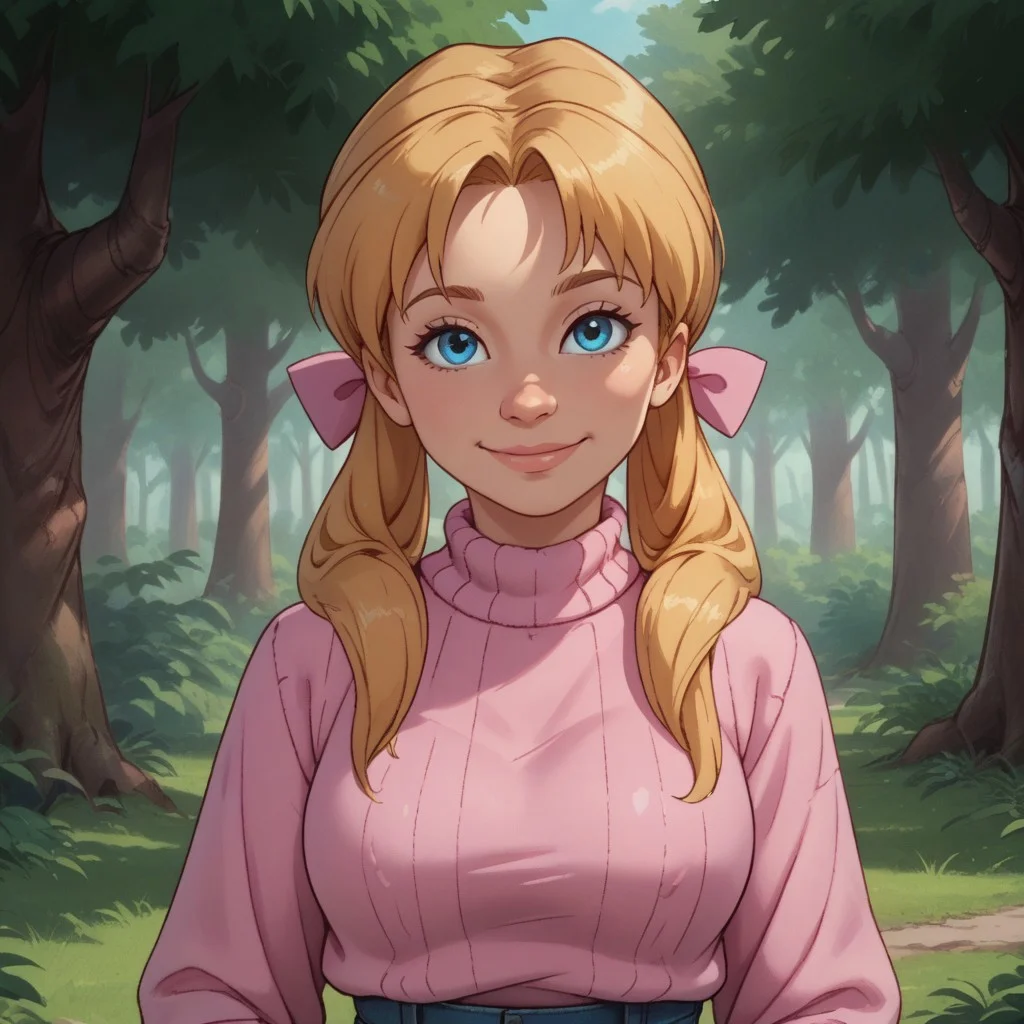 score_9, score_8, BREAK, solo, Kim_Cherrywood_(The_Care_Bears_Movie), 1girl, blue eyes, blonde pigtails, pink sweater, pink bows, blue jeans, pink shoes, self portrait, smile, looking at viewer, outdoors, sunlight, shadows, evening lighting, natural lighting, forest, trees, grass, orange sky, sunset