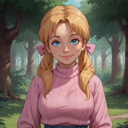 score_9, score_8, BREAK, solo, Kim_Cherrywood_(The_Care_Bears_Movie), 1girl, blue eyes, blonde pigtails, pink sweater, pink bows, blue jeans, pink shoes, self portrait, smile, looking at viewer, outdoors, sunlight, shadows, evening lighting, natural lighting, forest, trees, grass, orange sky, sunset