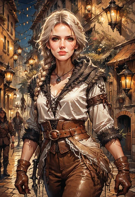 score_9, score_8_up, score_7_up, (zPDXL3), female, face portrait, concept art, realistic,
1girl, solo, mature woman, cw4, 1girl, white hair, green eyes, scar, long hair, hair over shoulder, braid, single braid, hair ornament, scar, scar on face, scar across eye, lips, closed mouth, armor, slim waist, breasts, medium breasts,  sheathed, sheath, leather, pauldrons, fur trim, gloves, brown gloves, pants, brown pants, pouch, belt, boots, jewelry, necklace, hood, hood down, weapon, weapon on back, sword, sword behind back, ethereal beauty, looking at viewer, fantasy city street, night, lanterns, beautiful, cowboy shot, sexy, cocked hip,