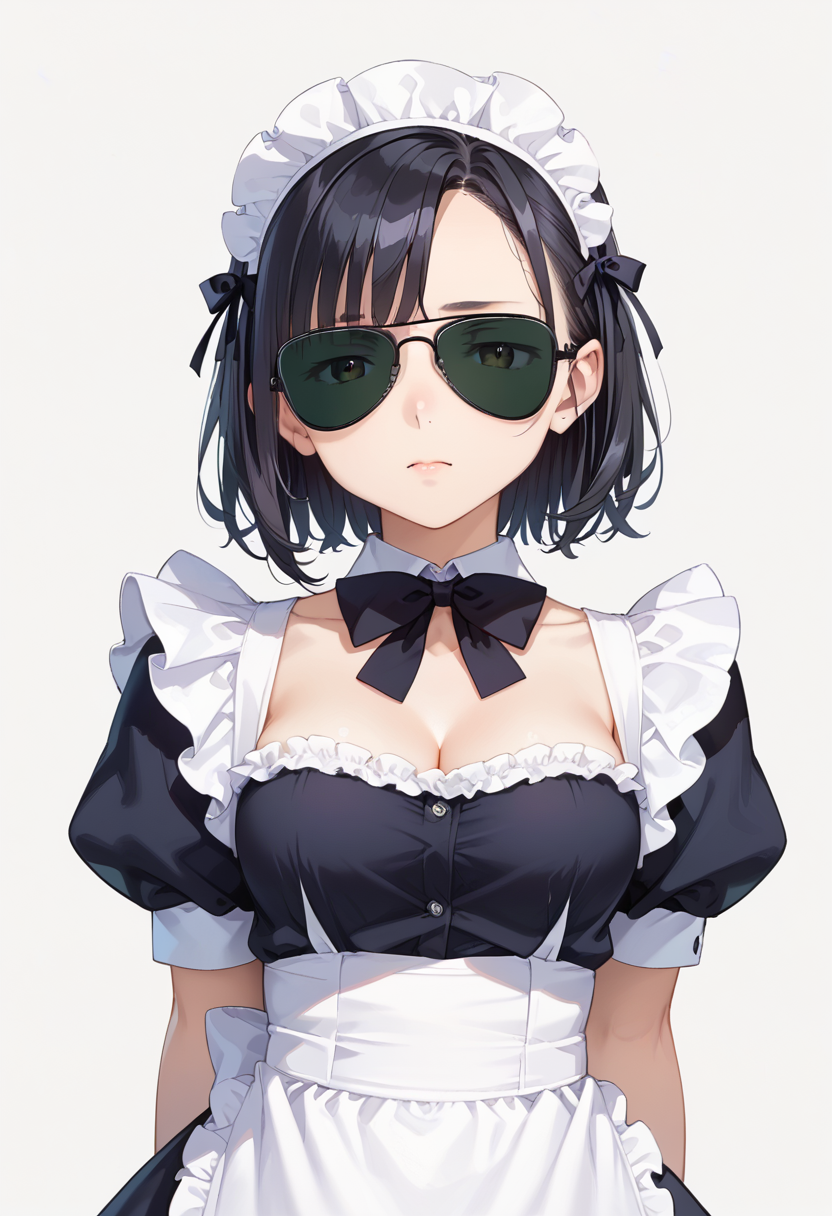 score_9, score_8_up, score_7_up, rating_safe, masterpiece, best quality, absurdres, unity 8k wallpaper, official art, official style, source_anime, uncensored, game cg, megami magazine,
1girl, solo, black hair, medium hair, upper body, maid, maid headdress, black dress, maid apron,
sg-AVIATOR, sunglasses, darkgreen-tinted eyewear, covered eyes, white background, simple background, black-framed eyewear
 <lora:glasses_aviator_PONY_V2:1>