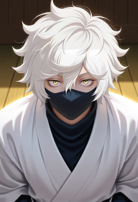 masterpiece, best quality, , (photorealistic:0.6), looking at viewer, 1boy, solo, male focus, <lora:gabimaru_jigokuraku_ilxl:0.98>, gabimaru_jigokuraku, white hair, yellow eyes, hair between eyes, short hair, messy hair, japanese clothes, mouth mask,