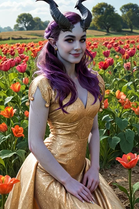 score_9, score_8_up, score_7_up, score_6_up
<lora:BGAlfira:1.0>
BGAlfira, 1girl,demon horns, purple hair, grey skin, looking at viewer, in a field of tulips, golden hour, elegant dress, smiling