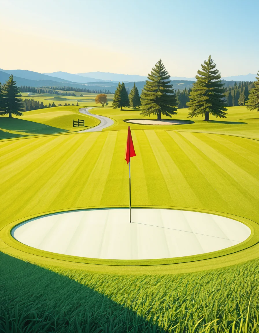 A beautifully maintained golf green in the golden light of late afternoon. The smooth, vibrant green grass is perfectly trimmed, with subtle undulations adding depth to the putting surface. A bright red flag flutters gently atop a sleek white pin, marking the hole at the center of the green. Surrounding the green, a soft fringe of slightly longer grass transitions into the rolling fairway, which stretches toward the horizon. In the background, tall pine trees cast long shadows, and a tranquil water hazard reflects the warm hues of the sky. The atmosphere is calm and inviting, capturing the essence of a perfect golfing moment.
<lora:SDXLFaeTastic2400:0.4> <lora:extremely_detailed:0.4> extremely detailed, <lora:golf_c0urs3-ill:1>,golf c0urs3, Masterpiece,best quality,hi res,8k,hi res,8k,award winning,(sharp focus, intricate, highly detailed),