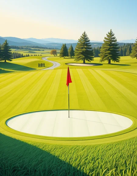 A beautifully maintained golf green in the golden light of late afternoon. The smooth, vibrant green grass is perfectly trimmed, with subtle undulations adding depth to the putting surface. A bright red flag flutters gently atop a sleek white pin, marking the hole at the center of the green. Surrounding the green, a soft fringe of slightly longer grass transitions into the rolling fairway, which stretches toward the horizon. In the background, tall pine trees cast long shadows, and a tranquil water hazard reflects the warm hues of the sky. The atmosphere is calm and inviting, capturing the essence of a perfect golfing moment.
<lora:SDXLFaeTastic2400:0.4> <lora:extremely_detailed:0.4> extremely detailed, <lora:golf_c0urs3-ill:1>,golf c0urs3, Masterpiece,best quality,hi res,8k,hi res,8k,award winning,(sharp focus, intricate, highly detailed),