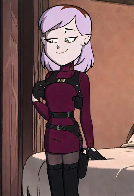 solo, 1girl, AmityBlightS3, turtleneck, sweater, harness, belt, gloves, holster, thighhigh boots, pantyhose, smile, sexy, seductive, teasing, flirting,
