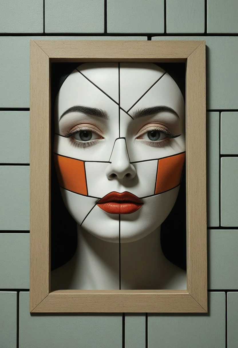 Geometric Frame Face:
A woman’s face emerging through a layered 3D panel of colorful abstract geometric blocks, high-resolution facial detail, chipped paint textures, tactile mixed-media style, architectural surrealism, muted palette with bold accents
Style tags: Surrealist art, Rafal Olbinski, René Magritte, Jean Arp, Frida Kahlo, Jan van Eyck, William Hogarth, Pierre-Auguste Renoir, Xidong Luo