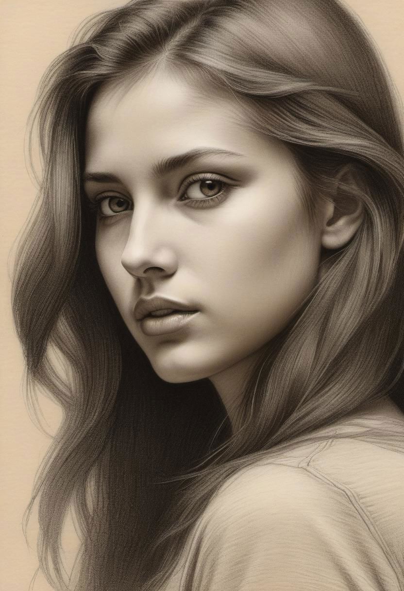 Close-up, high quality, masterpiece, portrait, rough charcoal drawing, beautiful girl, light beige, brown tinted paper, stain, rough shading,
inspiration by  JZdzisBaw BeksiDski, Krzysztof Aukasiewicz,