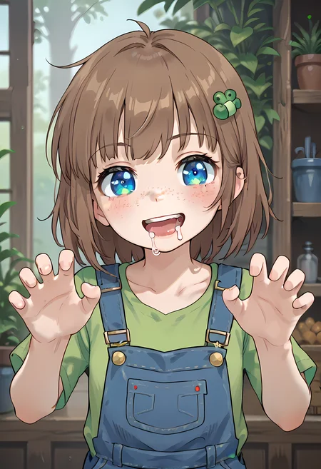 score_9, score_8_up, score_7_up, score_6_up, score_5_up, score_4_up<lora:Lily_Hopkin_pony:0.8>a cartoon girl in overalls and  reen shirt  , 1girl, freckles, brown hair, bandaid, blue eyes, overalls, shirt, solo, smile, short hair,, hair ornament, green shirt,  looking at viewer, open mouth,,Lily Hopkins,fist,closed fist, <lora:Pervert_face_and_pose:0.5> + +, glowing eyes, claw pose, mouth drool, blush, (portrai shot, upper body)