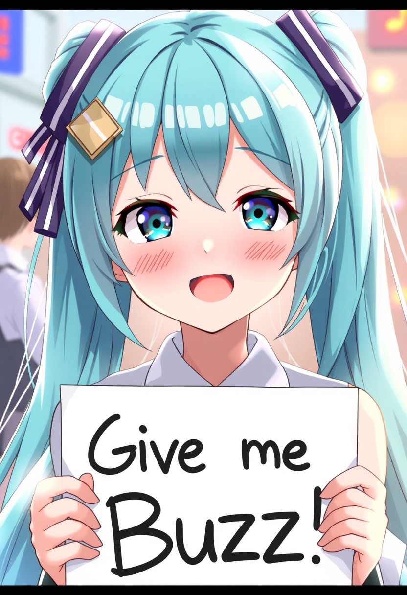 score_4,score_5,score_6,score_7_up,score_8_up,score_9 ((masterpiece,best quality,ultra detailed,highres,HD,4k:1.2)), 
1 girl,solo,face focus,
 hatsune miku,absurdly long hair,aqua hair,twintails,hair ornament,sidelocks,hair between eyes,parted bangs,aqua eyes, 
(("Give me Buzz.",Beggars Borad,Holding a sign, holding a sign that says, "Give me Buzz."))
open mouth, happy,blush, looking at viewer, smile,