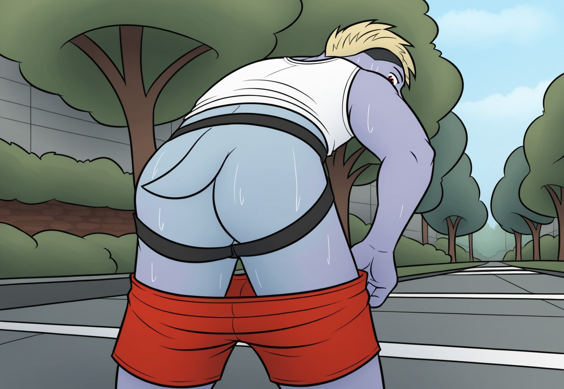 safe_pos, artwork, digital artwork, colourful source_e621, score_9, score_8_up, score_7_up, score_6_up, score_5_up, score_4_up, solo, Rex, male, machop, pokemon, red eyes, white sclera, blonde hair, short hair, low view, from behind, looking back, looking overshoulder, overshoulder, looking at viewer, looking down, ass, ass focus, after excersice, sweat, sweating, sweaty, tanktop, jockstrap, shorts down, detailed, detailed background, outdoors, outside, park, clothed, clothed, perfect eyes, perfect face, perfect mouth, perfect teeth, natural lighting,