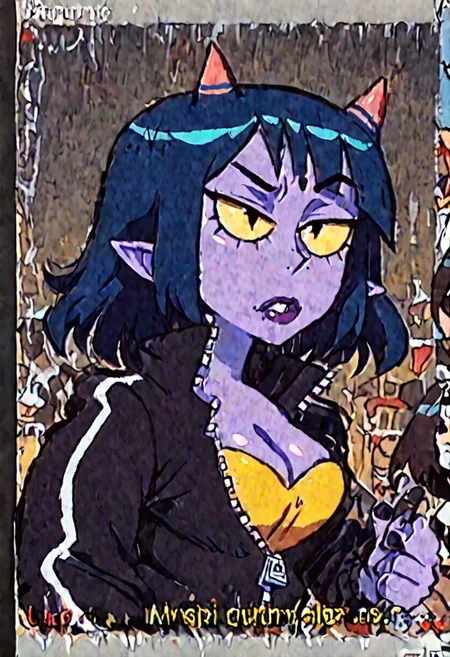 anime, photo, shiny skin, intricate details, ultra-animatic, high saturation, high contrast, RAW, <lora:add_detail:0.33>, ppfnono, ppfnono_aku, 1girl, short blue hair, demon_girl, horns, colored_skin, colored sclera, yellow sclera, black eyes, track black jacket, yellow shirt, cleavage, medium breasts, lips,