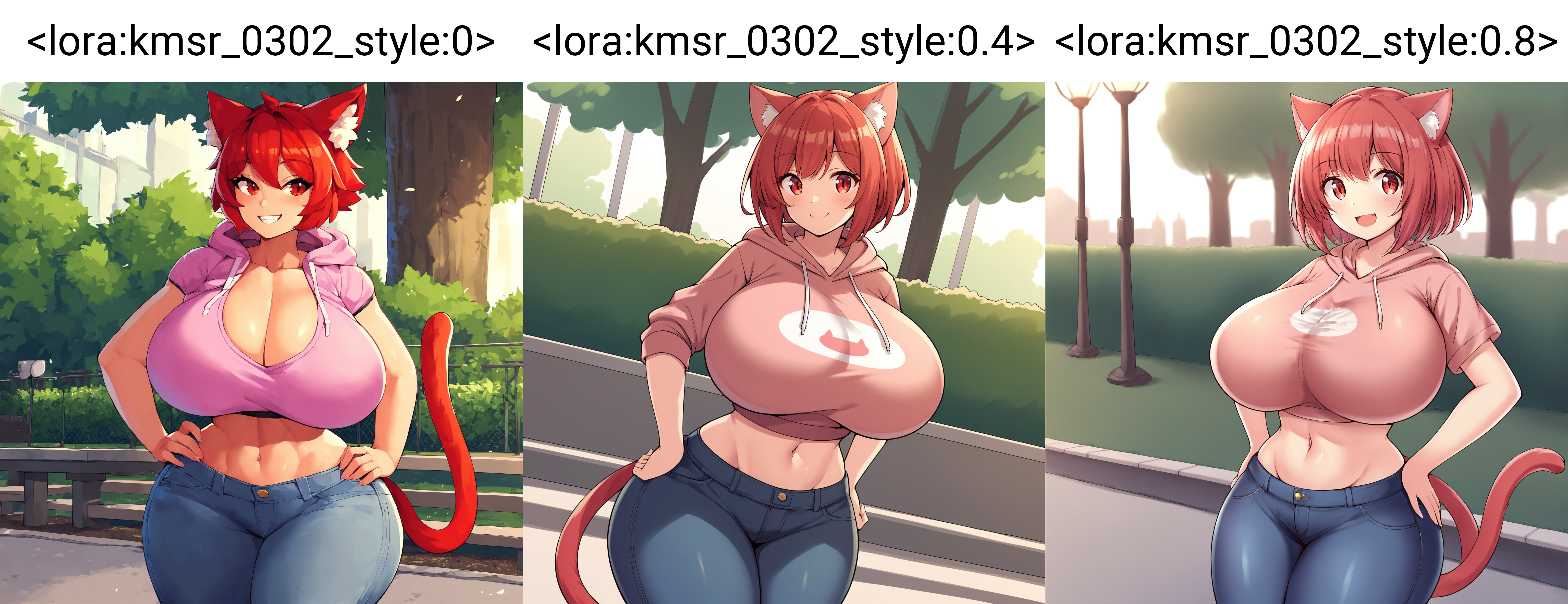 (masterpiece), best quality, (highly detailed), score_9, score_8_up, score_7_up, score_6_up, score_5_up, 1female, solo, <lora:kmsr_0302_style:0>, pink_hoodie, red cat ears, red hair, cat tail, jeans, huge breasts, smile, park, outdoor, standing, hands on hips, wide hips, red eyes, midriff,