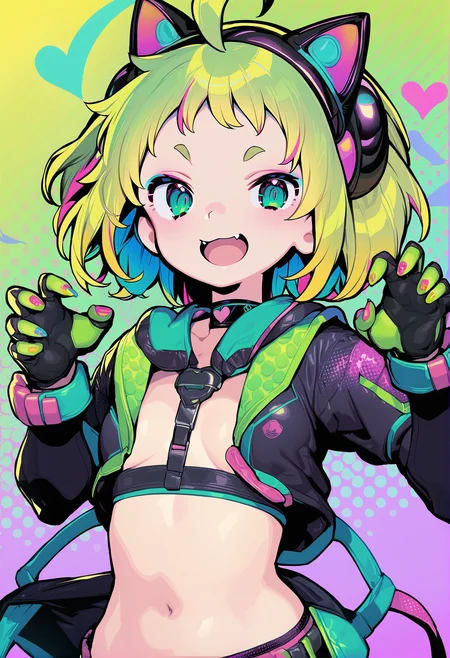 masterpiece, best quality, <lora:DohnaXL_V1:1>
1girl, solo, gloves, fangs, open mouth, navel, ahoge, green nails, jacket, looking at viewer, animal ears, smile, claw pose, upper body, green eyes, blonde hair, green hair, fake animal ears, short hair, heart, short eyebrows, nail polish, choker, multicolored hair, open jacket, halftone, green gloves, thick eyebrows, black gloves, midriff, colorful