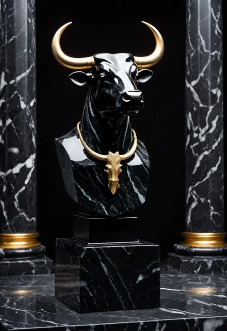 Fujifilm XT3, Sony A7 IV, (award winning photography) a (black: 0.79) marble simple (anthropomorphic bull) bust statue made of opal (Kintsugi: 0.89) set on a pedestal in temple, glistening. in the background beautiful pillars, divine (iridescent: 0.79), opalescent textures, volumetric light, ethereal, sparkling, studio photo, highly detailed, sharp focus (highest quality: 1.39) (highest coherency: 1.39) (award winning photography), highly detailed photography, (muted colors, cinematic, dim colors, soothing tones:1.2), vibrant, insanely detailed, hyperdetailed, (dark shot:1.2), (vsco:0.3), (intricate details:0.9), (hdr, hyperdetailed:1.2) (vignette), sss, raw photo, fijifilm, kodak, cinematic film grain, mesopotamian, babylonian