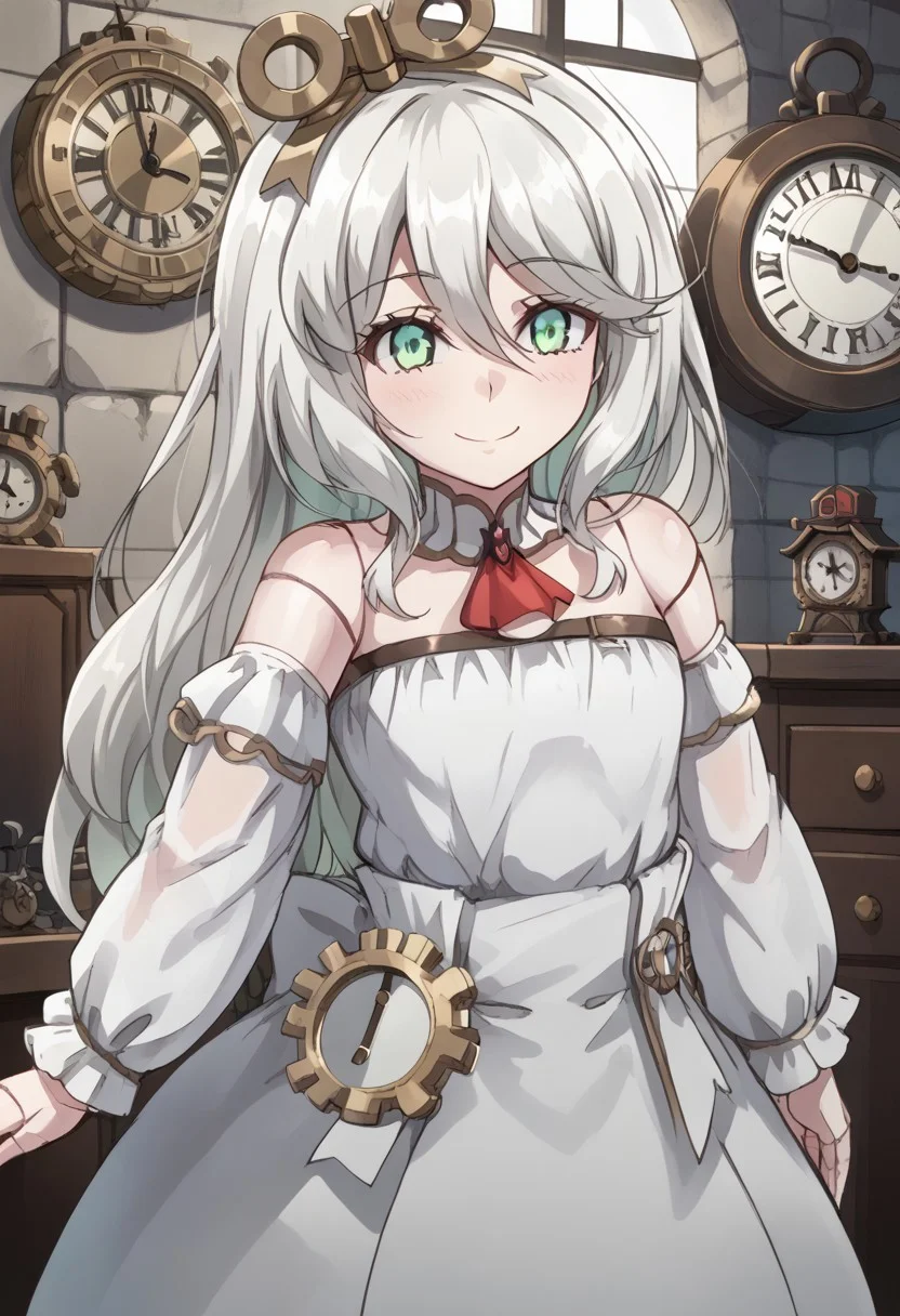 1girl, solo, marysan, white hair, long hair, green eyes, doll joints, joints, bare shoulders, detached sleeves, hair between eyes, dress, standing, smile, indoors, clock tower, gears,