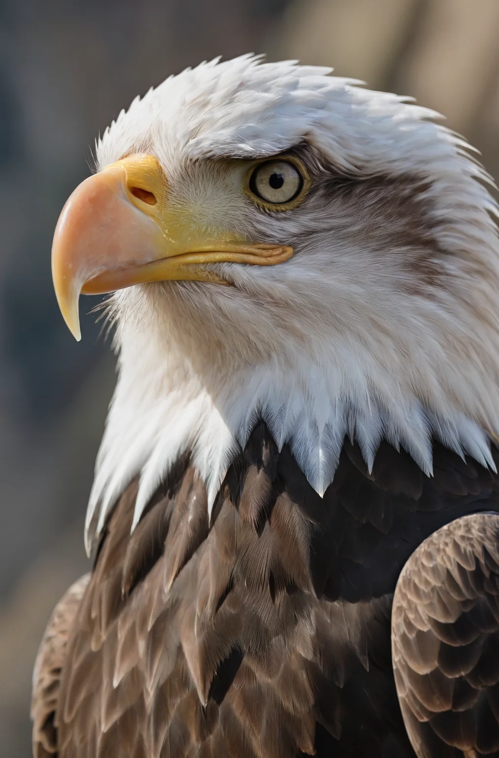 RAW Photo, mid range shot, a bald eagle, piercing eyes, hyperdetailed photograph, DSLR, HDR10, digital photography, very sharp details, detailed natural background, mountainous environment, natural lighting, masterpiece, UHD 