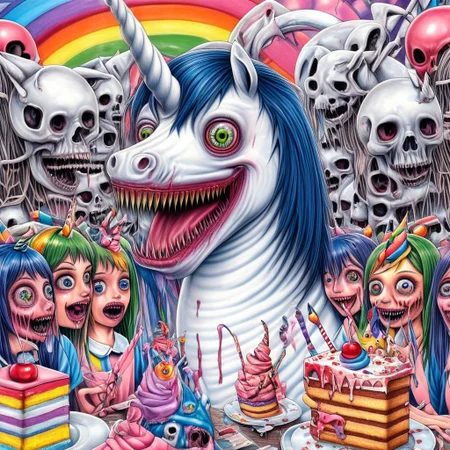 Lisarank, creepy unicorn with scary mouth looming over anime girls at a birthday party, skulls and cake, rainbows, cute, high quality, high resolution,