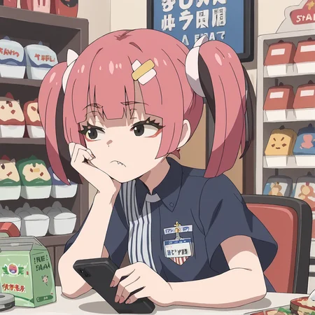 score_9, score_8_up, score_7_up, score_6_up, source_anime, source_hentai, 2d,
<lora:lawson.outfit.pony:1>, lawson,
convenience_store, cashier, cash_register, (sandwich:1.4),
<lora:sango.pony:1>, solo, 1girl, sango, leaning on counter, bored, elbow_rest, (looking_at_phone:1.2), (holding_phone:1.2),