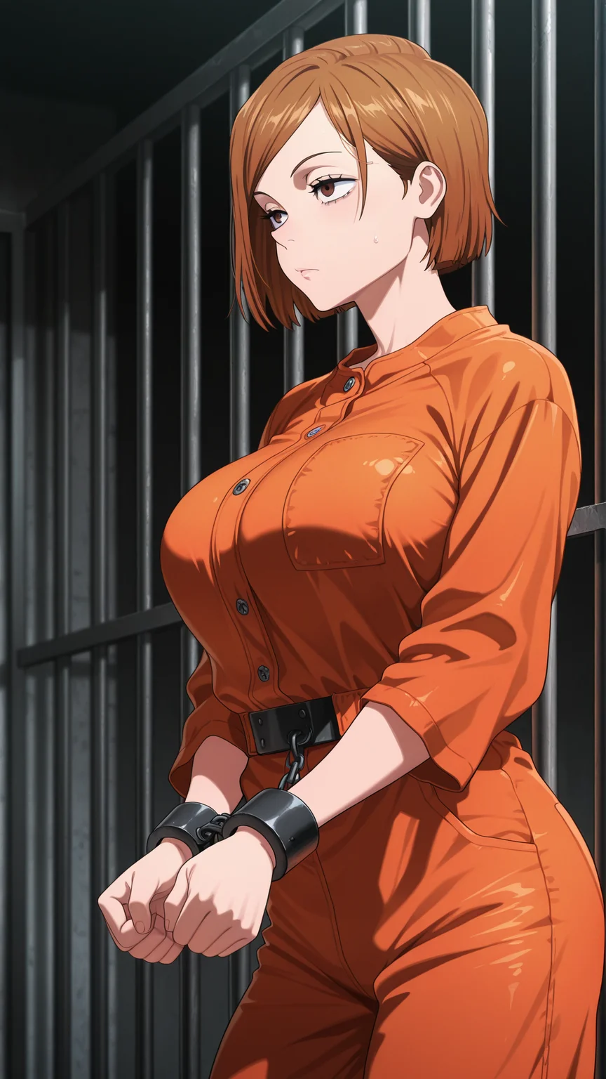 masterpiece,best quality,amazing quality, 1girl, solo, large breasts, <lora:IlluNobara:1> illuobara, short hair, brown hair, brown eyes, <lora:prisoner_illustrious:0.5> prsnr, prisoner, prison clothes, jumpsuit, orange jumpsuit, bound wrists, cuffs,