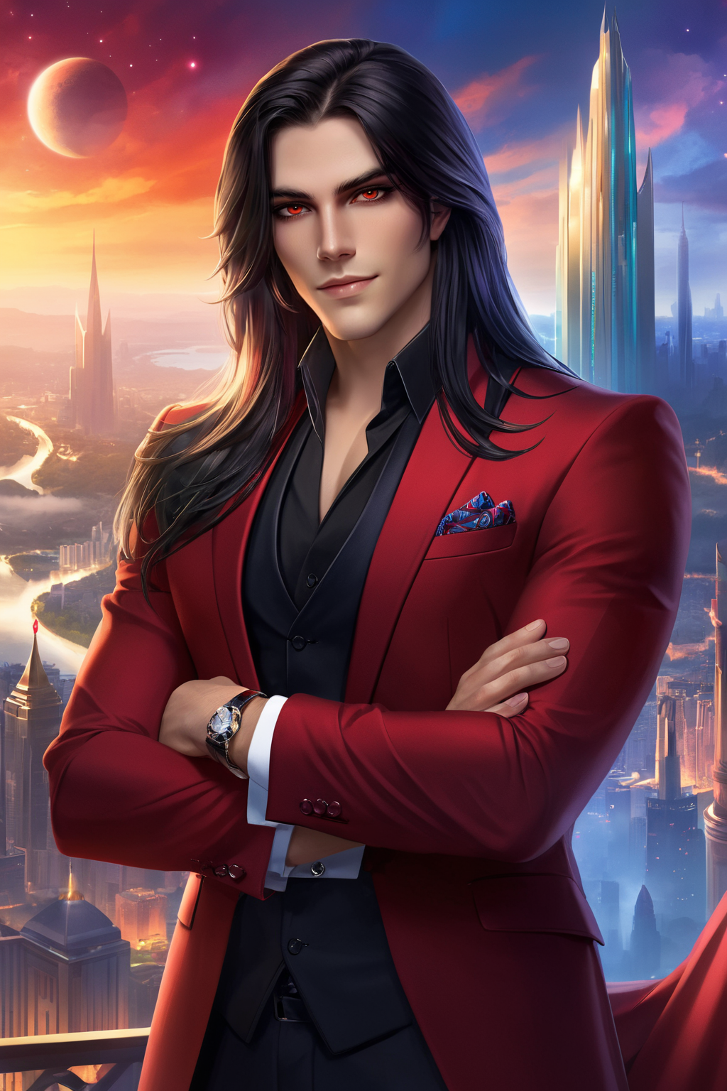 ethereal fantasy concept art of  male, black long hair, multicolored hair, red eyes, clothes in male modern suit, crossed arms, macro city view background  <lora:livayXL:0.7> livay . magnificent, celestial, ethereal, painterly, epic, majestic, magical, fantasy art, cover art, dreamy