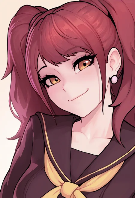 1girl, solo, kujikawa rise, portrait, looking at viewer, smile, happy, head tilt, black sailor collar, earrings, yellow neckerchief, school uniform, black shirt,
masterpiece, best quality, <lora:demimond23-guy90-Illust-Lycorisv1:1> dnomed