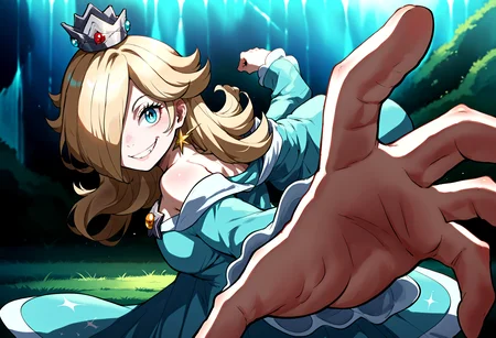 score_9, score_8_up, score_7_up, source_anime, RslnDef, hair over one eye, crown, bare shoulders, off-shoulder dress, long sleeves, blue dress, long dress, aqua dress, <lora:Rosalina_XLPD:1>, <lora:PepePunchMeme_XLPD:1> IncrsPunchMeme, incoming punch, smirk,