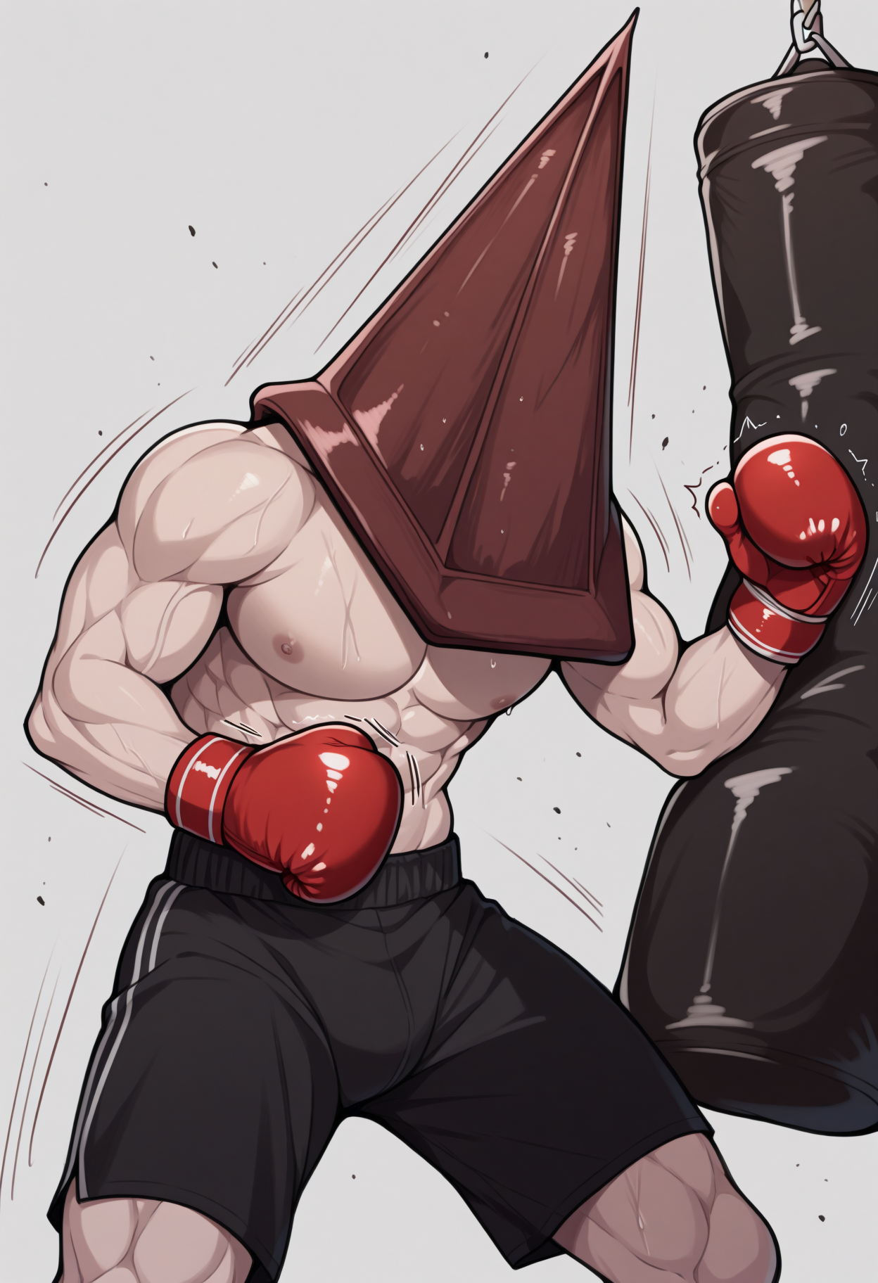 masterpiece, best quality, 1boy, solo, Pyram1dHead, helmet, topless, muscular male, fighting stance, exercise shorts, boxing gloves, punching bag, punching, speed lines, <lora:ChamPyramidHeadIllustriousXL:1>