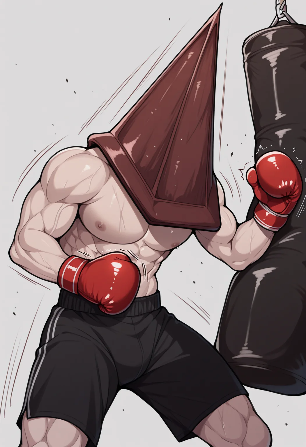 masterpiece, best quality, 1boy, solo, Pyram1dHead, helmet, topless, muscular male, fighting stance, exercise shorts, boxing gloves, punching bag, punching, speed lines, <lora:ChamPyramidHeadIllustriousXL:1>