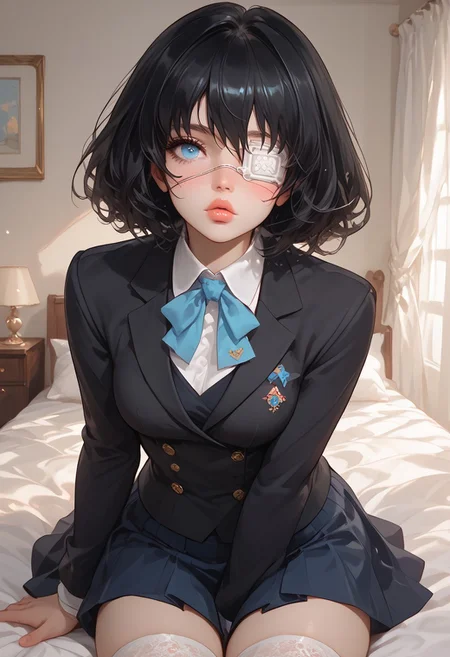 score_9, score_8_up, score_7_up, score_6_up, Expressiveh, 3th3r34l, 1girl, solo, pretty, beautiful, gorgeous, elegant, white skin, mskr, black hair, short hair, blue eyes, eyepatch, black blazer, dark blue skirt, short skirt, perfect face, green eyes, heterochromia, anime eyes, big eyes, round eyes, beautiful detailed eyes, thick lips, medium breasts, wide hips, wide thighs, indoors, background, front view, wide shot, shy expression, perfecteyes, clear eyes, print clothes,pastel color clothes, shirt, skirt, thighhighs ,tucking hair pose