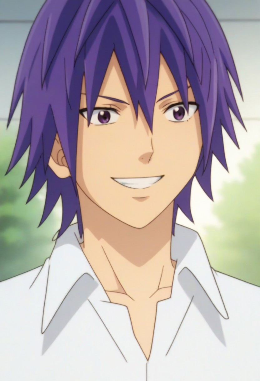 ((masterpiece)), ((best quality)), ((ultra-detailed)), score_9_up, score_8_up, score_7_up,
HD, top quality, best quality, High-quality illustrations, anime screencap, Reita Toritsuka, purple hair, hair down, purple eyes, handsome, attractive, happy, smiling, wearing white polo shirt
