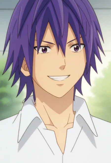 ((masterpiece)), ((best quality)), ((ultra-detailed)), score_9_up, score_8_up, score_7_up,
HD, top quality, best quality, High-quality illustrations, anime screencap, Reita Toritsuka, purple hair, hair down, purple eyes, handsome, attractive, happy, smiling, wearing white polo shirt