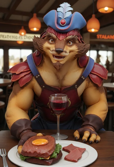score_9, score_8_up, score_7_up, score_6_up, score_5_up, score_4_up, source_furry BREAK, pangopdxl, 1boy, solo, scales, mustache, hat, fingerless gloves, brown eyes, furry, sitting, restaurant, excited, looking at viewer, happy, steak, red wine, <lora:Pangolier:0.7>