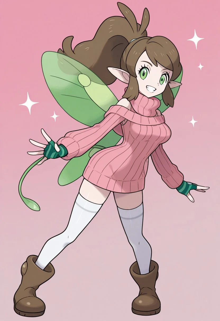 sugimorixd,
1girl, solo, ponytail, smile, grin, teeth, full body, brown hair, long hair, green eyes, pointy ears, long pointy ears, medium breasts, fairy wings, fairy, wings, ribbed sweater, sweater, thighhighs, sparkle, boots, green wings, sweater dress, tail, brown footwear, fingerless gloves, white legwear, sleeveless, leaf, dress, pink sweater, gloves, zettai ryouiki, gradient, striped, green gloves, off shoulder, striped gloves, white thighhighs