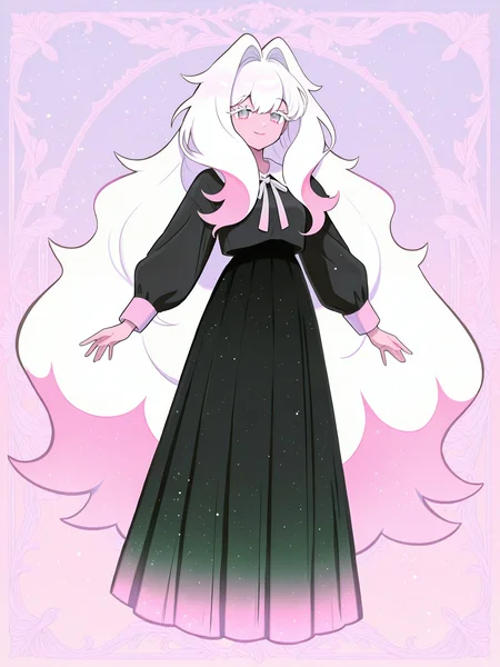 omoyu \(nakyu715\), <lora:CRGhostXL:1> CR_WGC, 1girl, two-tone hair, gradient eyes, very long hair, black shirt, collared shirt, white eyelashes, <lora:cfg_scale_boost:0.5> looking at viewer, hair intakes, smile, <lora:retrocute:1>  <lora:spo_sdxl_10ep_4k-data_lora_webui:0.4>, solo, <lora:r-hrtdrp:0.4> detailing, gradient background, floating, simple background, inset border, full body, long gradient skirt