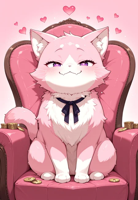 absurdres, masterpiece, safe, pg, no human, 1cat, looking at viewer,purple eyes, pink fur, smile, smug, cat sitting, pink background, armchair, coins, hearts, heart pupils,