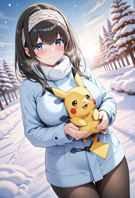 safe_pos, masterpiece, best quality, newest, absurdres, highres, anime,

fumika sagisawa, blue eyes, black hair, long hair, large breasts,
blush, smile,
blue winter clothes,
1girl, solo,

outdoors, winter,

Animal Christmas, cute animal, pikachu,

dutch angle,