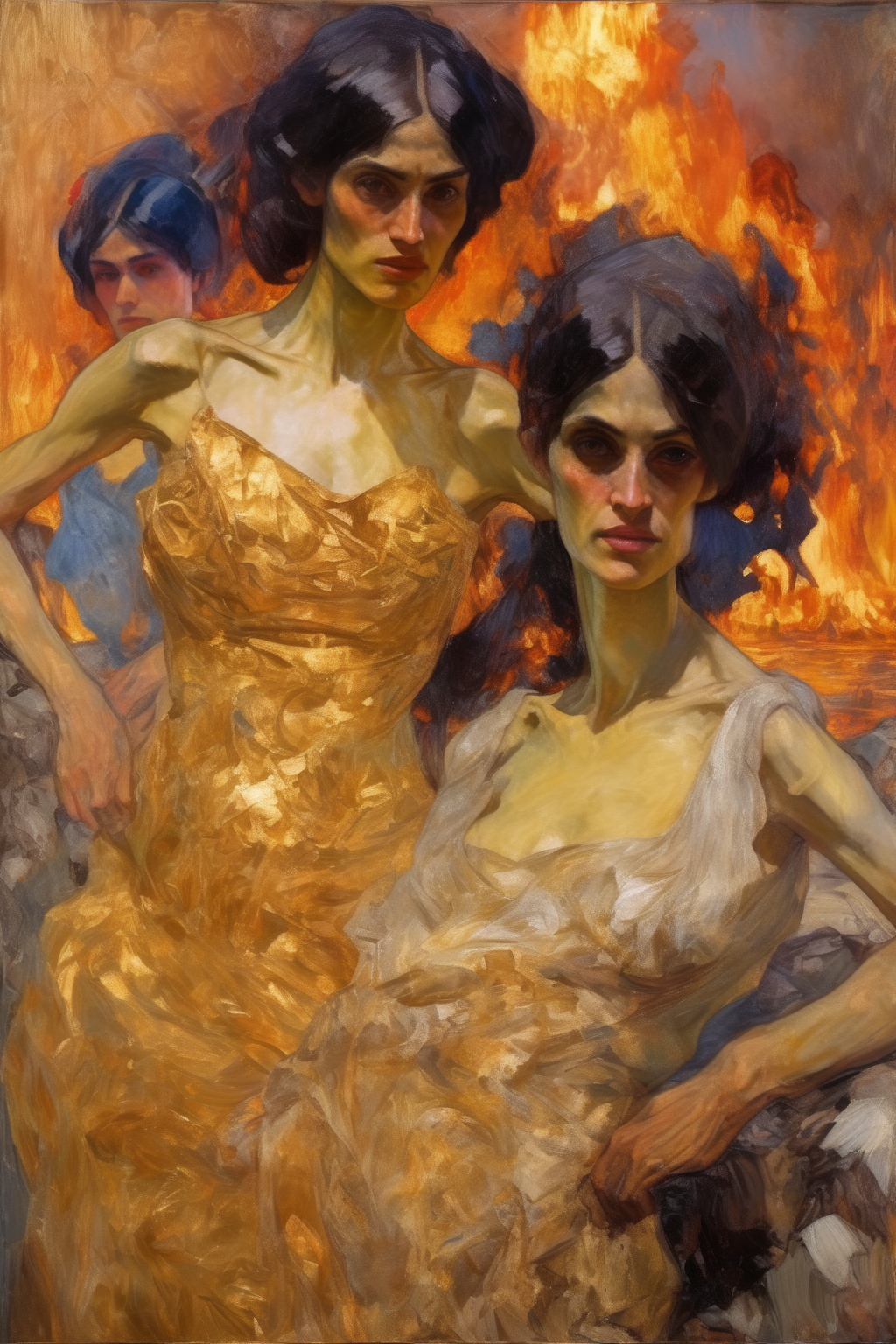 <lora:Mikhail Vrubel Style:1>Mikhail Vrubel Style - a messy, impasto portrait of 2 slim, 30 year old, very beautiful Armenian woman lavish, golden gowns in a burning landscape