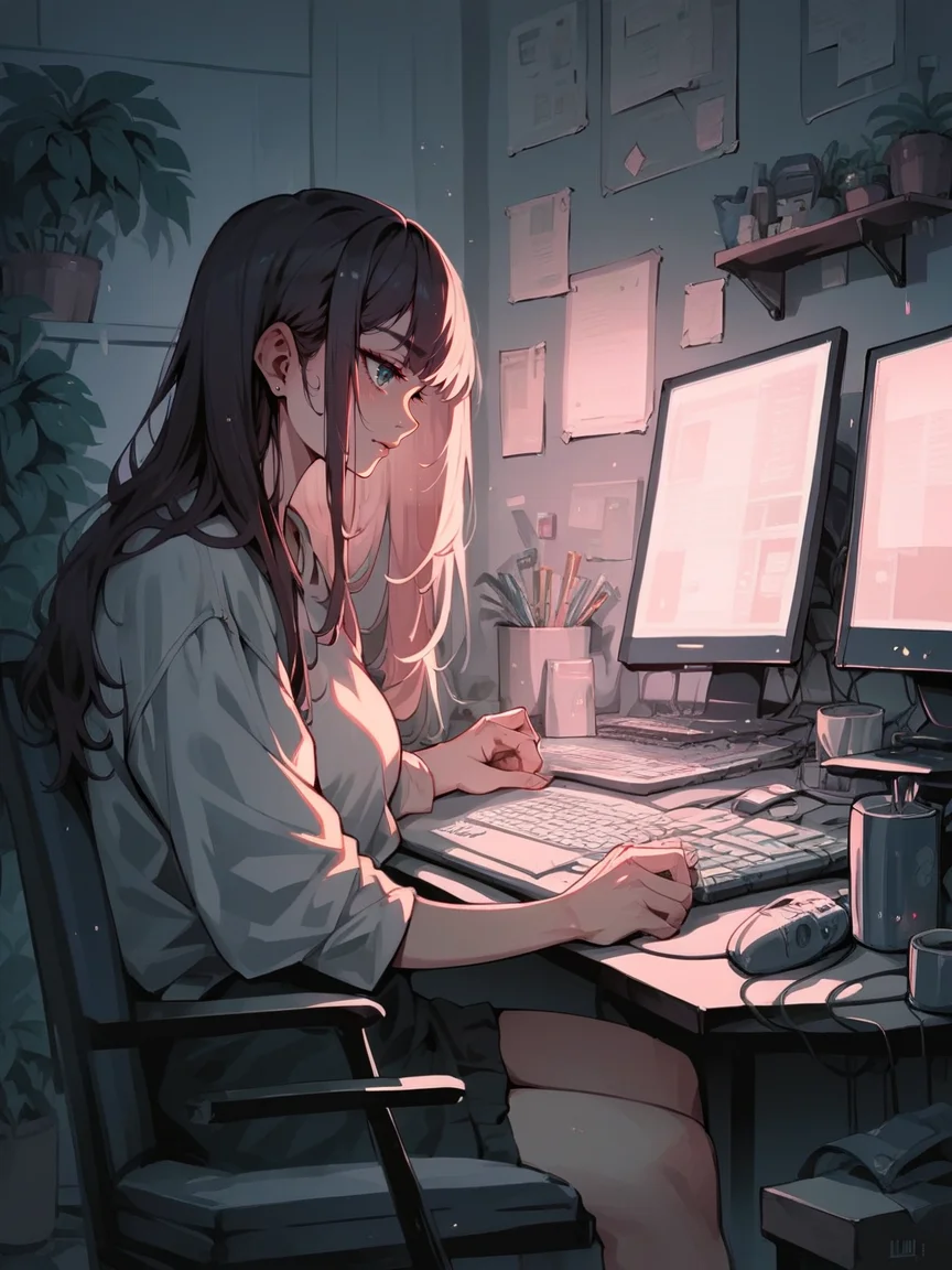 score_9, score_8_up, score_7_up, score_6_up, score_5_up, score_4_up, <lora:l0f1XLP:0.7> l0f1, 1girl, computer, neon, long hair, curvy