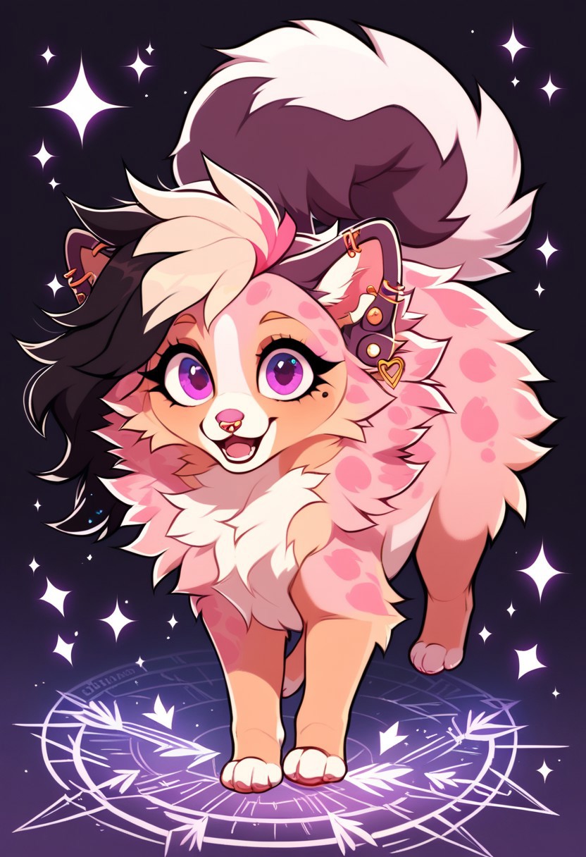 score_9, score_8_up, score_7_up, score_6_up, score_5_up, score_4_up, solo, rating_safe,
1girl (Sunni, pomeranian, dog, spitz, feral, pink fur, cream fur, white fur, dark brown tail tip, one tail, fluffy tail, heart markings, pointed ears, thick fur, long tail, short muzzle, eyelashes, inner ear pink, pink nose, ear piercing, cartilage piercing, arrow-shaped earring, nose piercing, nostril piercing, metal piercing, pointed earring, two-tone hair, white and black hair, bi-color hair, purple eyes, open eyes, open mouth, happy, looking at viewer), masterpiece, insane quality, dark background with sparkles