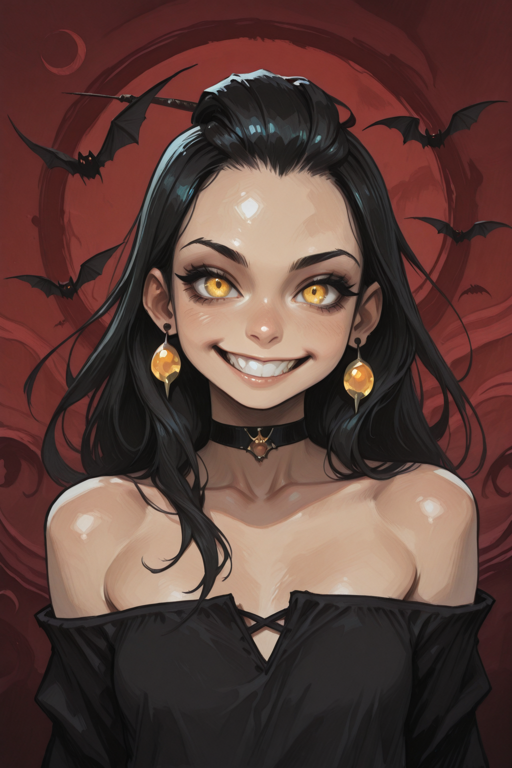 masterpiece, best quality, amazing quality, very aesthetic, absurdres, explicit, abstract, fantasy, painterly, scenery, surreal BREAK upside-down, black choker, shirt, off-shoulder shirt, solo, forehead, grin, 1girl, earrings, red background, choker, collarbone, looking at viewer, off shoulder, long hair, black shirt, smile, bat \(animal\), yellow eyes, bare shoulders, black hair, jewelry, jacket, upper body, bangs pinned back