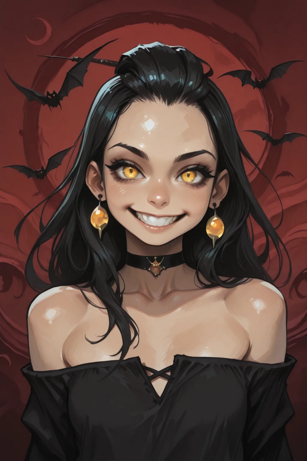masterpiece, best quality, amazing quality, very aesthetic, absurdres, explicit, abstract, fantasy, painterly, scenery, surreal BREAK upside-down, black choker, shirt, off-shoulder shirt, solo, forehead, grin, 1girl, earrings, red background, choker, collarbone, looking at viewer, off shoulder, long hair, black shirt, smile, bat \(animal\), yellow eyes, bare shoulders, black hair, jewelry, jacket, upper body, bangs pinned back