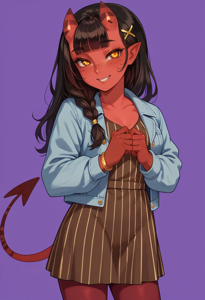 score_9, score_8_up, score_7_up, source_anime, <lora:wrenchmeru:1>, wrnchmeru, yellow eyes, pointy ears, colored skin, red skin, demon girl, oni horns, skin-covered horns, mole under eye, freckles, body freckles,
black hair, long hair, blunt bangs, medium breasts,
demon tail,
1girl, bracelet, brown dress, brown pantyhose, casual, dress, full body, grey jacket, hair ornament, half up half down braid, jacket, jewelry, open clothes, open jacket, pantyhose, purple background, skirt hold, smile, solo, striped clothes, striped dress, vertical-striped clothes, vertical-striped dress, x hair ornament,