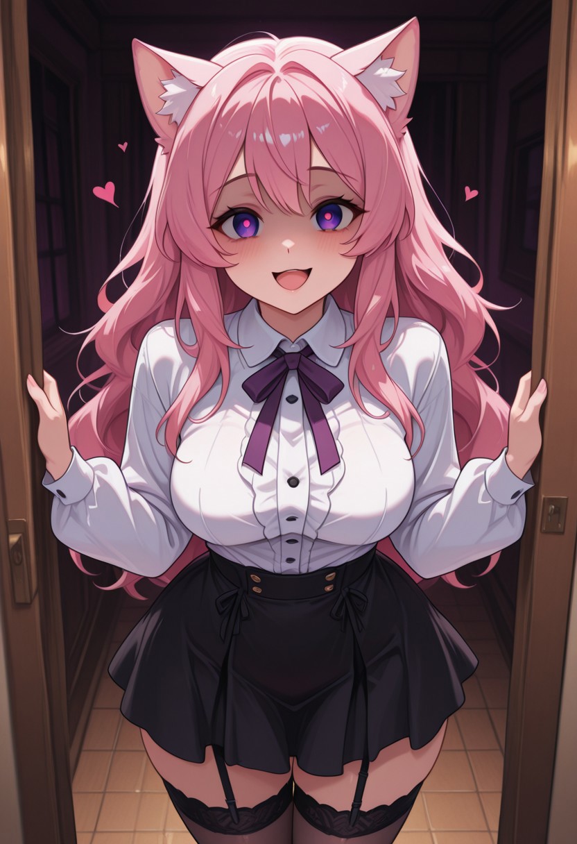 (masterpiece, best quality:1.3), purple_eyes, pink_hair, stockings with garter belt, cat_ears, yandere, happy, medium breasts, loving_gaze, looking_at_viewer, BehindCatgirl, CatGirlStyle, white shirt with buttons, black skirt, adult, fashionable