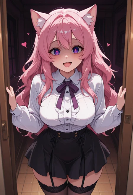 (masterpiece, best quality:1.3), purple_eyes, pink_hair, stockings with garter belt, cat_ears, yandere, happy, medium breasts, loving_gaze, looking_at_viewer, BehindCatgirl, CatGirlStyle, white shirt with buttons, black skirt, adult, fashionable