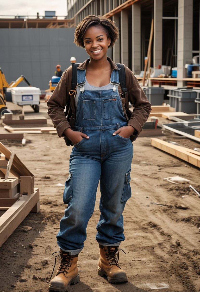 (medium full shot) of (rugged plumber) young woman, slender build, short hazel shag cut hair, black american, dark skin, light brown eyes, wearing a black denim jacket, overalls, work boots, knee pads plumber tape, carrying a toolbox, set in  a bustling construction site, with heavy machinery, scaffoldings, piles of materials, and busy workers, in the evening, woman smiling, ,Masterpiece,best quality, raw photo, realistic, very aesthetic